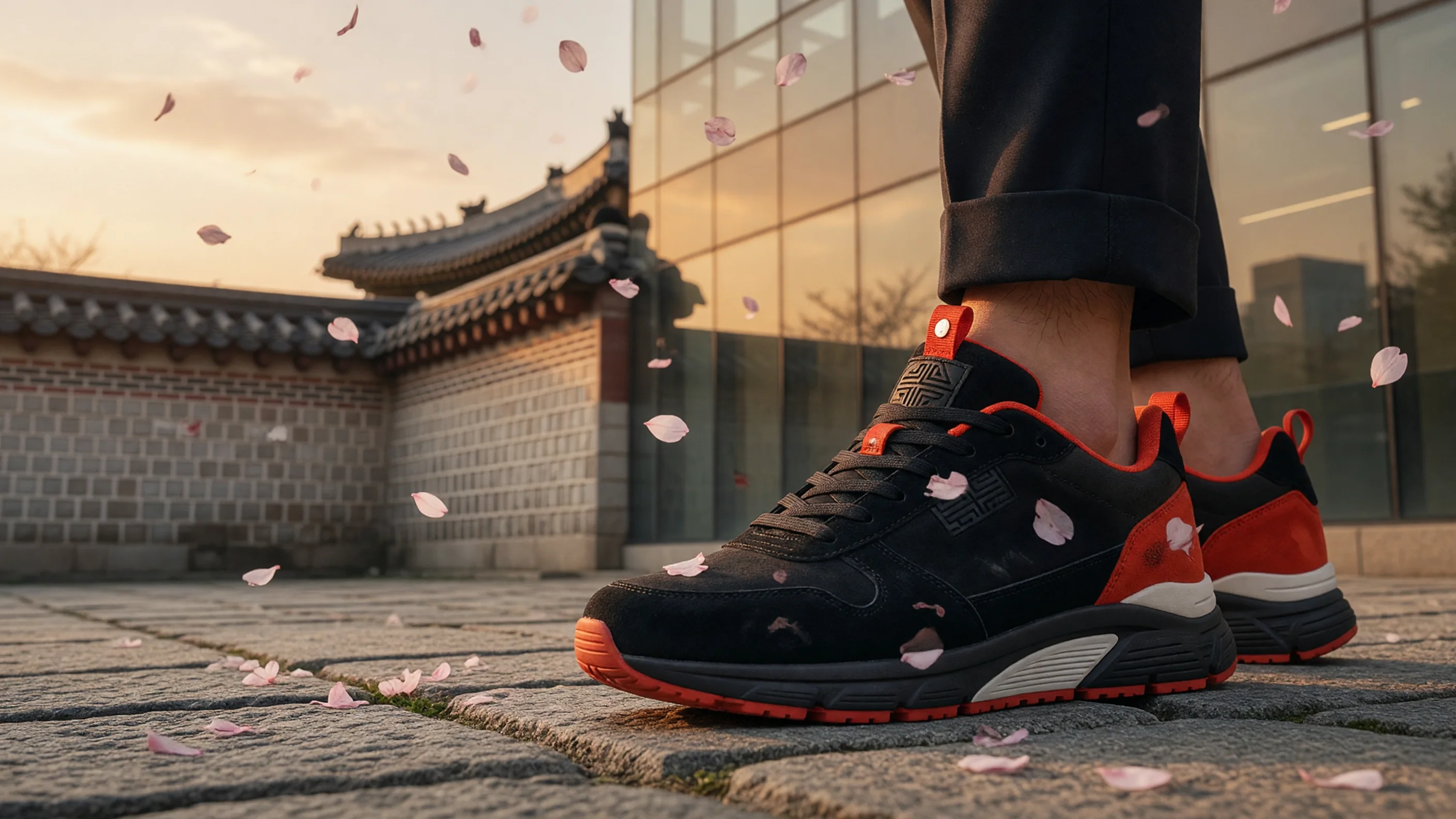 KimchiToes sneakers on stone paving between traditional and modern Seoul architecture