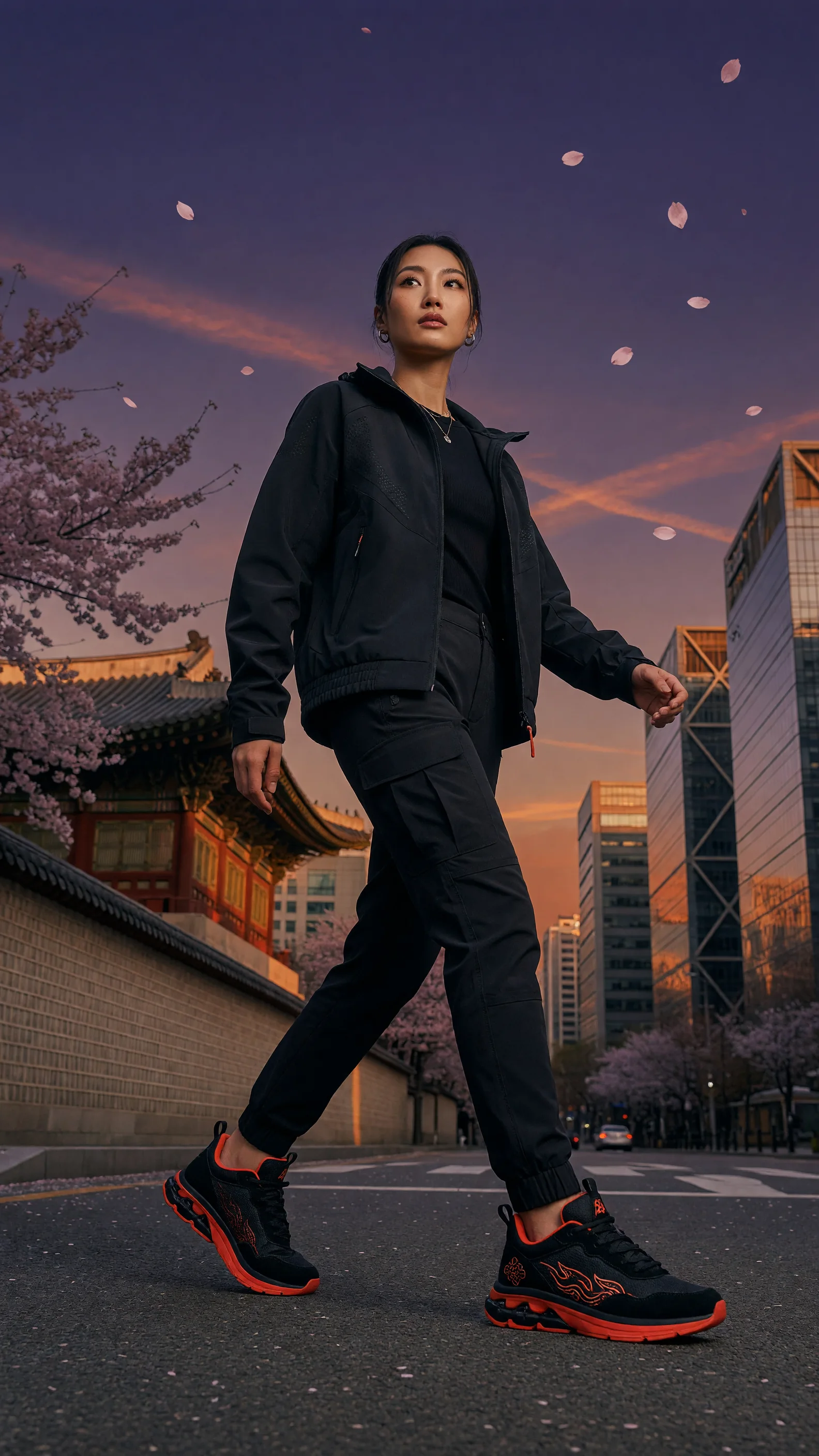 KimchiToes launch campaign model walking through Seoul at sunset